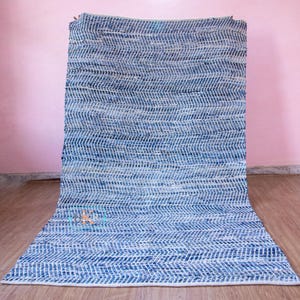 Handwoven Blue Cotton Denim Rag Rug, Eco Friendly 5x8 Rug