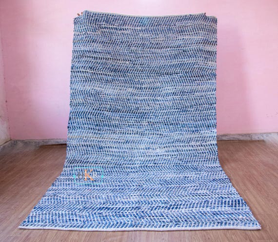 Handgewebter Blauer Baumwoll-Denim-Flickenteppich, Umweltfreundlicher 150x250 Teppich