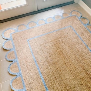Handwoven Scalloped Jute Rug Beige With Blue Border, Handmade Scallop Edge Rug