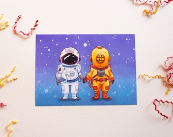 Cute Watercolor Astronaut and Vintage Diver/Scuba Diver Holding Hands Duo Print