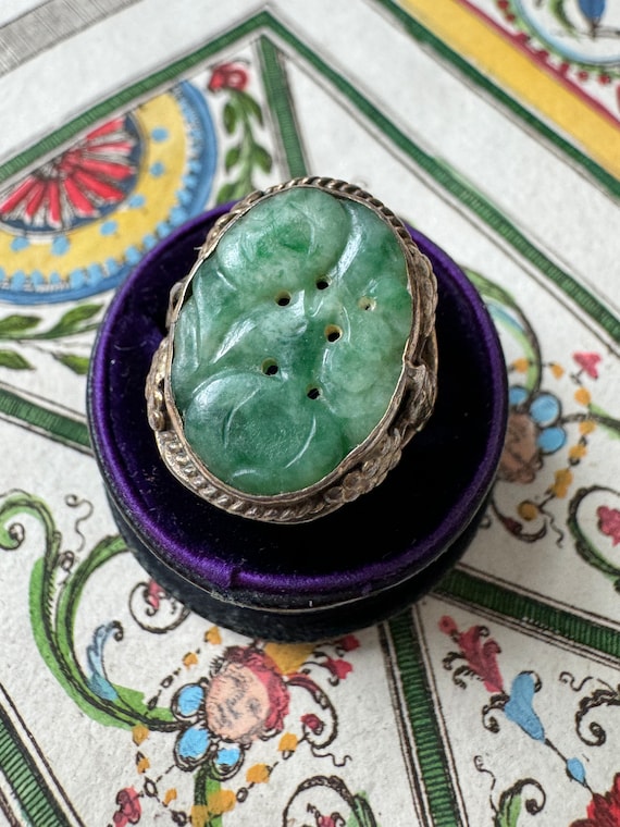 Arts and Crafts Era Carved Jade Ring - C 1920