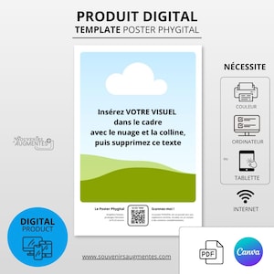 Peut inclure: Un modèle de poster de produit numérique avec le texte "PRODUIT DIGITAL TEMPLATE POSTER PHYGITAL". L'affiche présente un ciel bleu, un nuage blanc et un design de colline verte. Le texte "Insérez VOTRE VISUEL" est également visible.