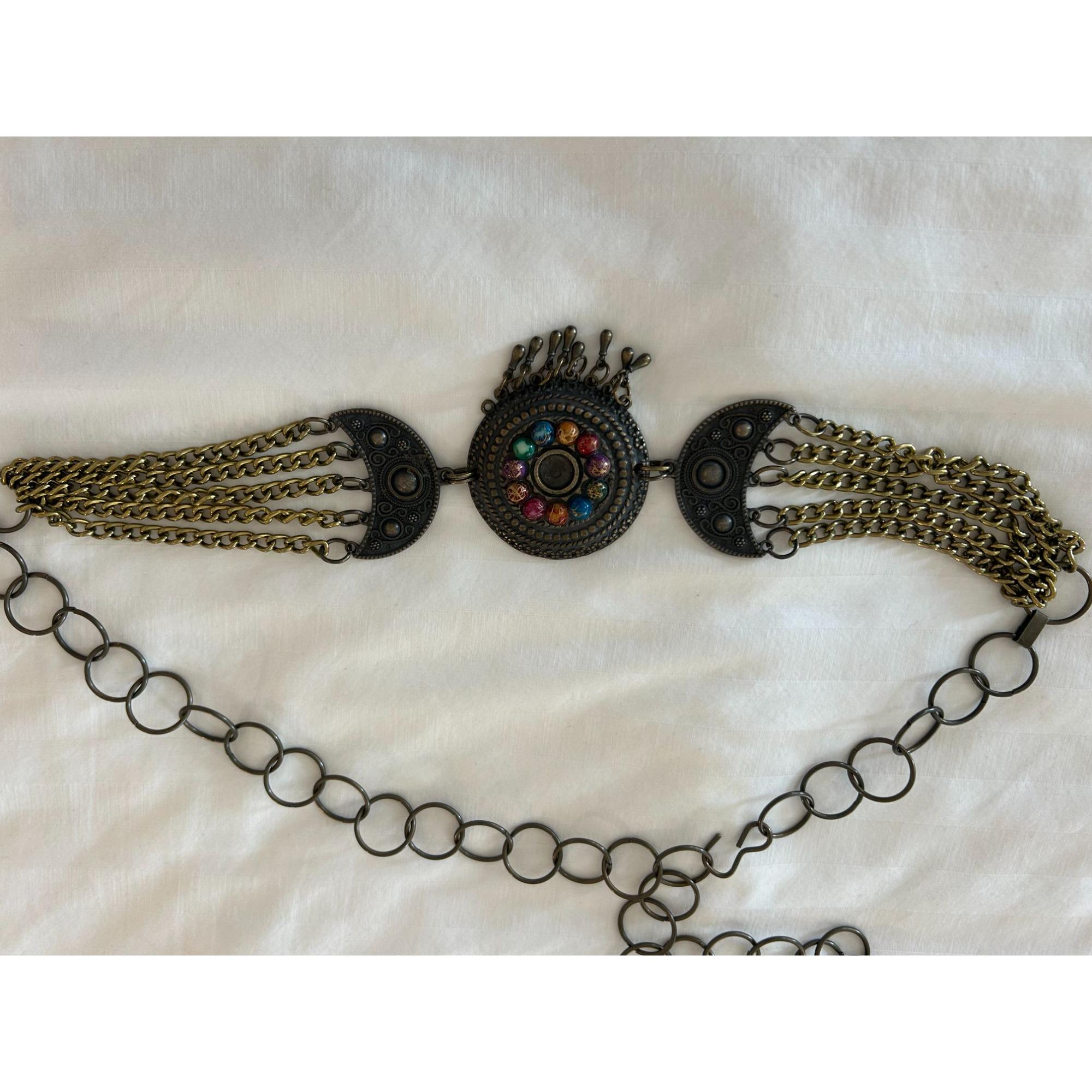 Vintage Boho Chain Belt With Colorful Beaded Medallion 