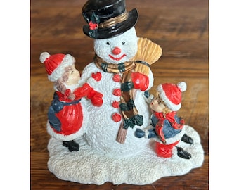Vintage Mervyns Christmas Village Accessory Children & Snowman Figurine Handpainted Resin Holiday Decor Winter Scene