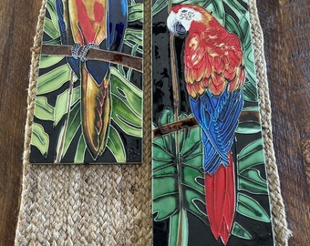 ARTIST SIGNED Porcelain Wall Art Tiles Of Macaw Birds. Felted Backs