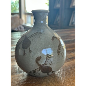 Vintage Studio Art Pottery Vase With Goose Design Artist Signed