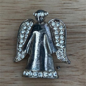 Vintage Monet Angel Brooch With Rhinestones - Silver Tone Pin - Sparkling Wings - 1.5 Inches - Collectible Jewelry