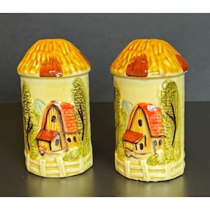 Vintage Country Farm Barn Salt & Pepper Shakers Hand Painted Ceramic Silo Design Rosenfeld Japan Signed