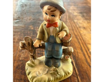 Vintage Boy Figurine With Basket & Fence Missing Chicken