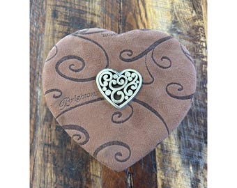 Brighton Brown Suede Heart Shaped Jewelry Box With Swirl Pattern & Metal Accent