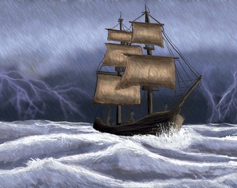 Riders on the Storm Series 3 | Ship Art Print | Wall Art Deco | Digital Art Download | Digital Illustration | Ocean | Nautical Art