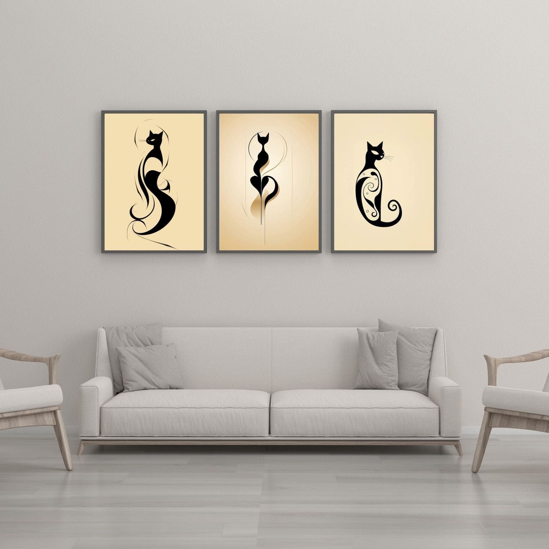 Black Cat Print Minimalist Wall Art Set of 3 Prints Electic Gallery ...