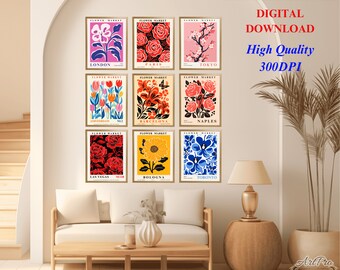 Flower Market Print Set of 9 Poster, Amsterdam Flower Market, Bologna Flower Market Barcelona, Flower Poster Set, Matisse Flower Print