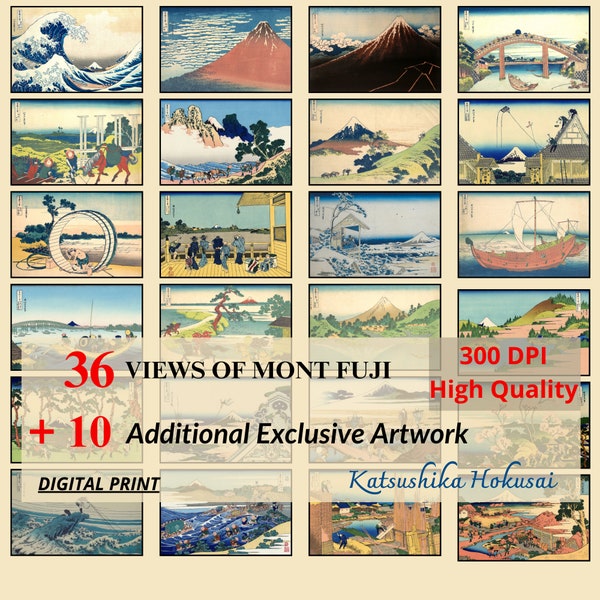 36 vistas del monte Fuji + 10 obras de arte exclusivas adicionales, Katsushika Hokusai, arte mural del Monte Fuji, impresiones asiáticas póster del Monte Fuji, pintura del Monte Fuji