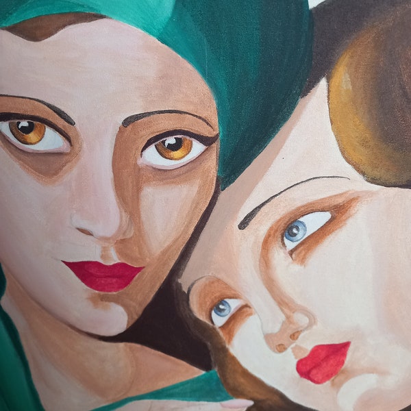 Stunning Canvas painting by Welsh Artist Cath Lloyd - The Green Turban in the style of Tamara De Lempicka . Signed and dated 2009