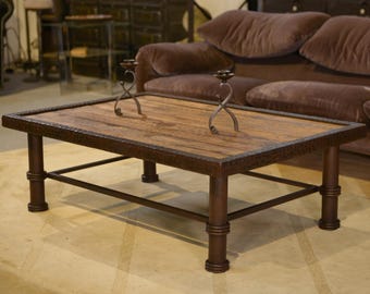 Table basse brutaliste bois et fer forgé 1960's