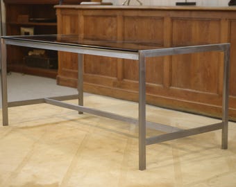 Bureau design en inox brossé et verre fumé noir 1980's