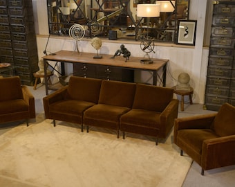 Ensemble canapé et 2 fauteuils en velours marron 1960's