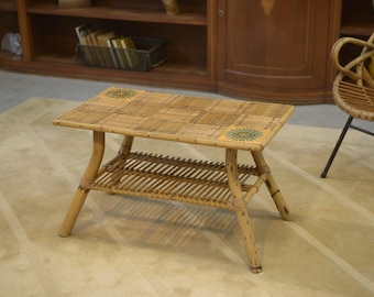 Table basse en rotin et céramique attribuée à Audoux Minet 1950's