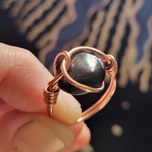Shungite, Crystal, Ring, Wire Wrap, EMF absorber Stone, Black stone, Copper Ring #17