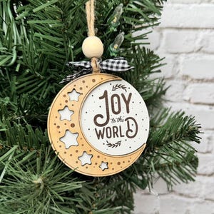 Christmas Song Ornaments, Wood & White Engraved Crescent Moon Design
