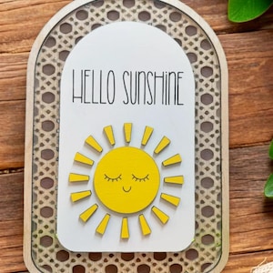 Hello Sunshine Sign, Nursery Decor, Rattan Baby Room Art, Baby Shower Gift, Boho Wall Sign, Sun Themed Decor, Arch Nursery Wall Art
