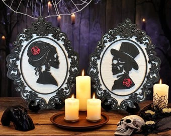 Gothic Skeleton Couple Cameo Wall Art: Spooky Victorian Halloween Decor