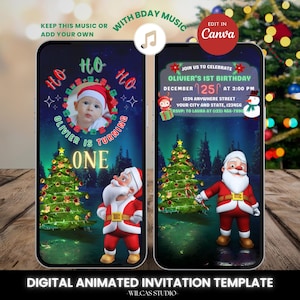 音楽付きアニメーションクリスマス誕生日パーティー招待状、フォトフレーム付き1歳の誕生日ビデオ、サンタクローステーマ、編集可能なCanvaテンプレート