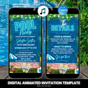 Invitation d'anniversaire animée à la piscine bleue pour garçons avec musique, invitation d'été tropicale modifiable pour enfants et adolescents, modèle numérique sur toile
