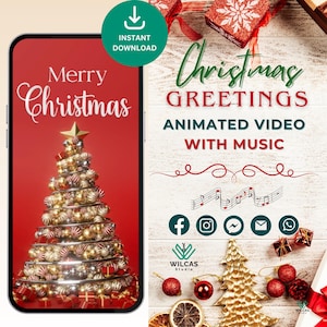 Vídeo de saudação de Feliz Natal com música, vídeo animado de Natal e cartão eletrônico, desejos digitais de Natal para download instantâneo