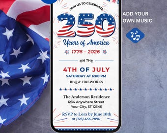 4th of July 250th Anniversary Invitation, Digital America's 250 Years Party Invite, Patriotic Independence Day, Animated Canva Template