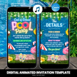 Faire-part de fin d'école à la piscine avec musique, vidéo animée modifiable, faire-part d'été dernier jour d'école pour adolescents et enfants, modèle Canva