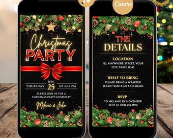 May include: Digital animated Christmas party invitation template displayed on two smartphones. The design features festive elements like pine cones, red bows, and the text "Christmas Party" and "The Details". Includes RSVP information and event details.