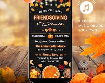 May include: A digital animated Friendsgiving dinner invitation template on a smartphone. The invitation features fall leaves, a pumpkin, and the text "Please Join Us For A Friendsgiving Dinner." The invitation includes the date, time, and RSVP information.