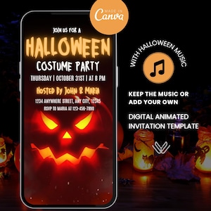 Scary Pumpkin Carving Party Invitation, Animated Halloween Video Invite for Costume Party, Evil Pumpkin, Editable Canva Template