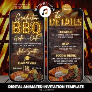 May include: Digital animated invitation template for a graduation BBQ. The design features a smartphone with the words "Graduation BBQ" in a glowing font, along with event details, date, time, and RSVP information. The background shows a grill.
