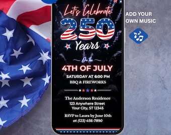 4th of July Fireworks Invitation Video, Digital America 250 Years, Patriotic Party Invite, Independence Day, Editable Canva Template