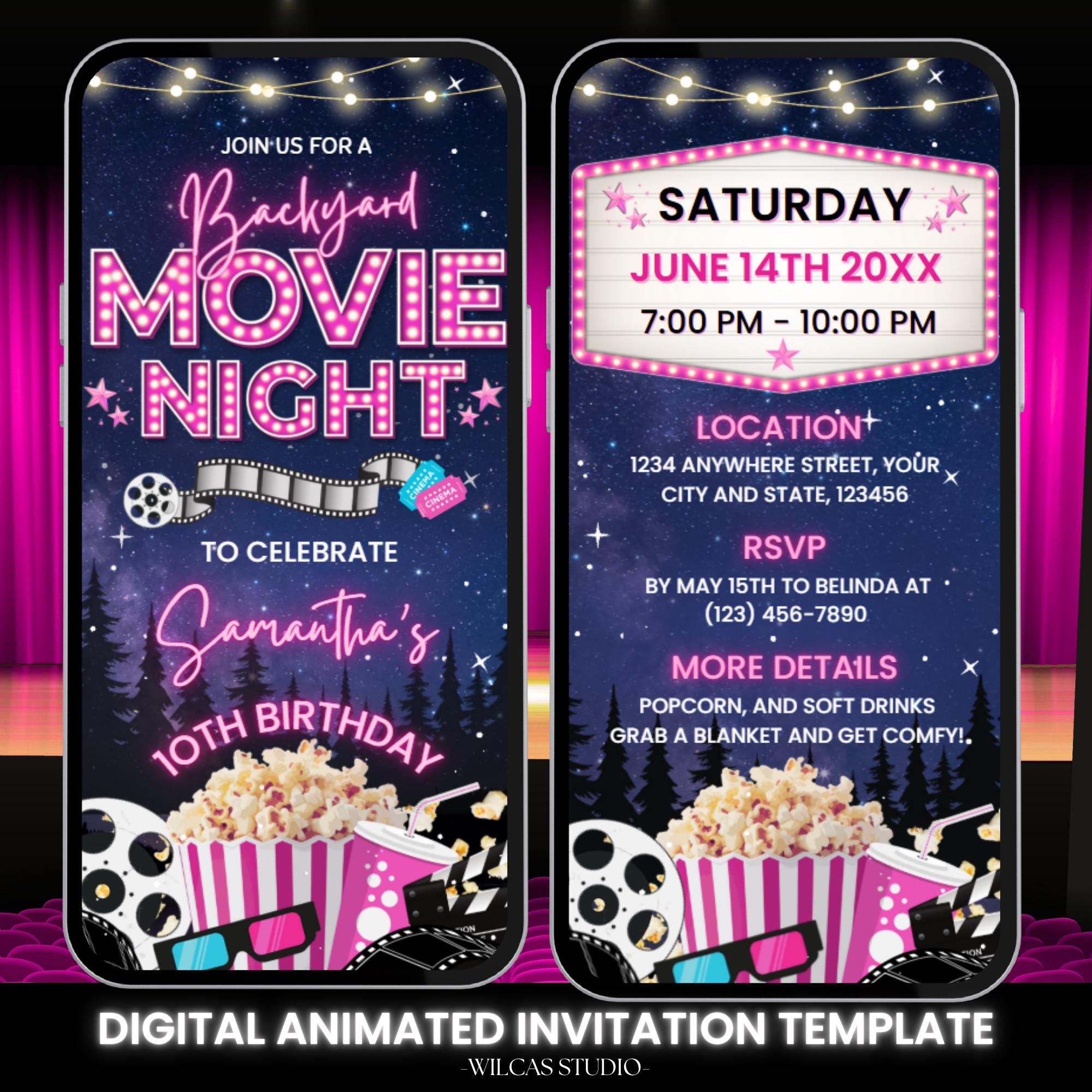 Pink Backyard Movie Night Birthday Party Invitation With Music, Digital ...