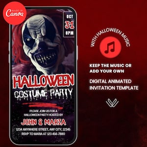Animated  Scary Clown Halloween Party Invitation with Music, Digital Halloween Video Invite, Clown Party Invite, Editable Canva Template
