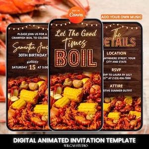 May include: A digital invitation template for a crawfish boil birthday party featuring a dark wood background, string lights, and a pile of crawfish, corn, and potatoes. The text reads Let The Good Times BOIL, Samantha Jones 30th Birthday, and The DETAILS.