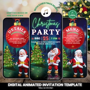 Christmas Party Video Invitation Template, Digital Animated Santa Invite, Editable in Canva