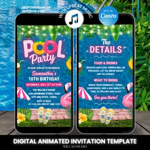 Faire-part d'anniversaire à la piscine pour filles avec musique, invitation d'été tropicale rose animée éditable pour enfants et adolescents, modèle sur toile