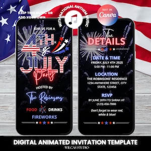 Puede incluir: Plantilla de invitación animada digital para una fiesta del 4 de julio. El diseño presenta fuegos artificiales rojos, blancos y azules y texto sobre un fondo negro. Incluye detalles del evento, información de RSVP y una opción de edición de Canva.