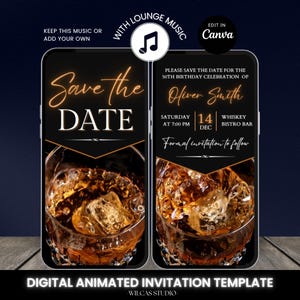 May include: Digital animated invitation template for a 50th birthday party. The template features a black background with gold accents and a glass of whiskey. The text "Save the Date" is in a gold neon font. The invitation includes the date, time, and location of the party. The text "Formal invitation to follow" is also included.