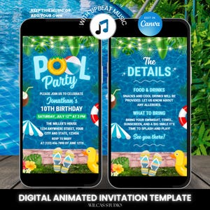Invitation d'anniversaire bleue à la piscine pour garçons avec musique, invitation d'été tropicale animée modifiable pour enfants et adolescents, modèle numérique sur toile