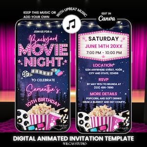 Faire-part d'anniversaire rose pour soirée cinéma dans l'arrière-cour avec musique, invitation cinéma numérique en plein air pour filles, modèle de toile éditable