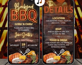 May include: Digital animated invitation template for a backyard BBQ. The design features the text "Backyard BBQ" in a marquee style, with event details and food illustrations. Includes the text "Digital Animated Invitation Template".
