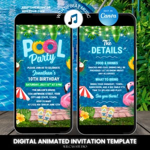 May include: Digital animated invitation template for a pool party, displayed on a smartphone. The invitation, set against a blue pool backdrop, announces Jonathan's 10th birthday. Includes graphics of a flamingo, a donut, and a cocktail.