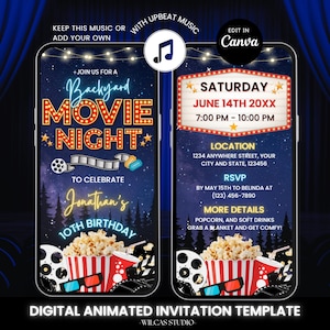 Faire-part d'anniversaire pour une soirée cinéma dans l'arrière-cour avec musique, vidéo d'invitation animée au cinéma en plein air pour enfants, modèle numérique éditable