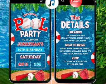 Baseball Pool Party Birthday Video Invitation with Music, Animated Digital Summer Sports Theme, Editable Canva Template for Kids